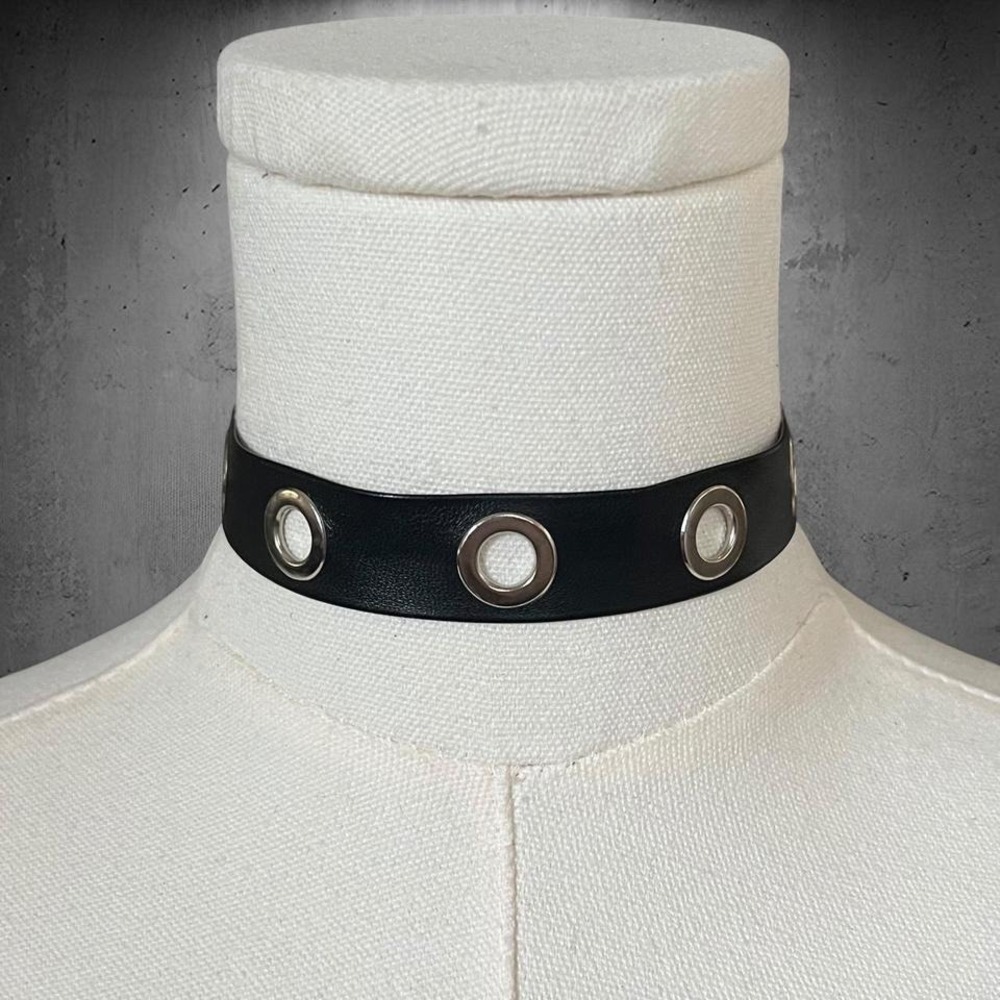 Gunmetal Silver Grommet Choker Black PU Leather Punk Collar Necklace